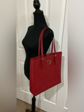 Michael Kors Cherry Red Saffiano Tote with Gold Logo